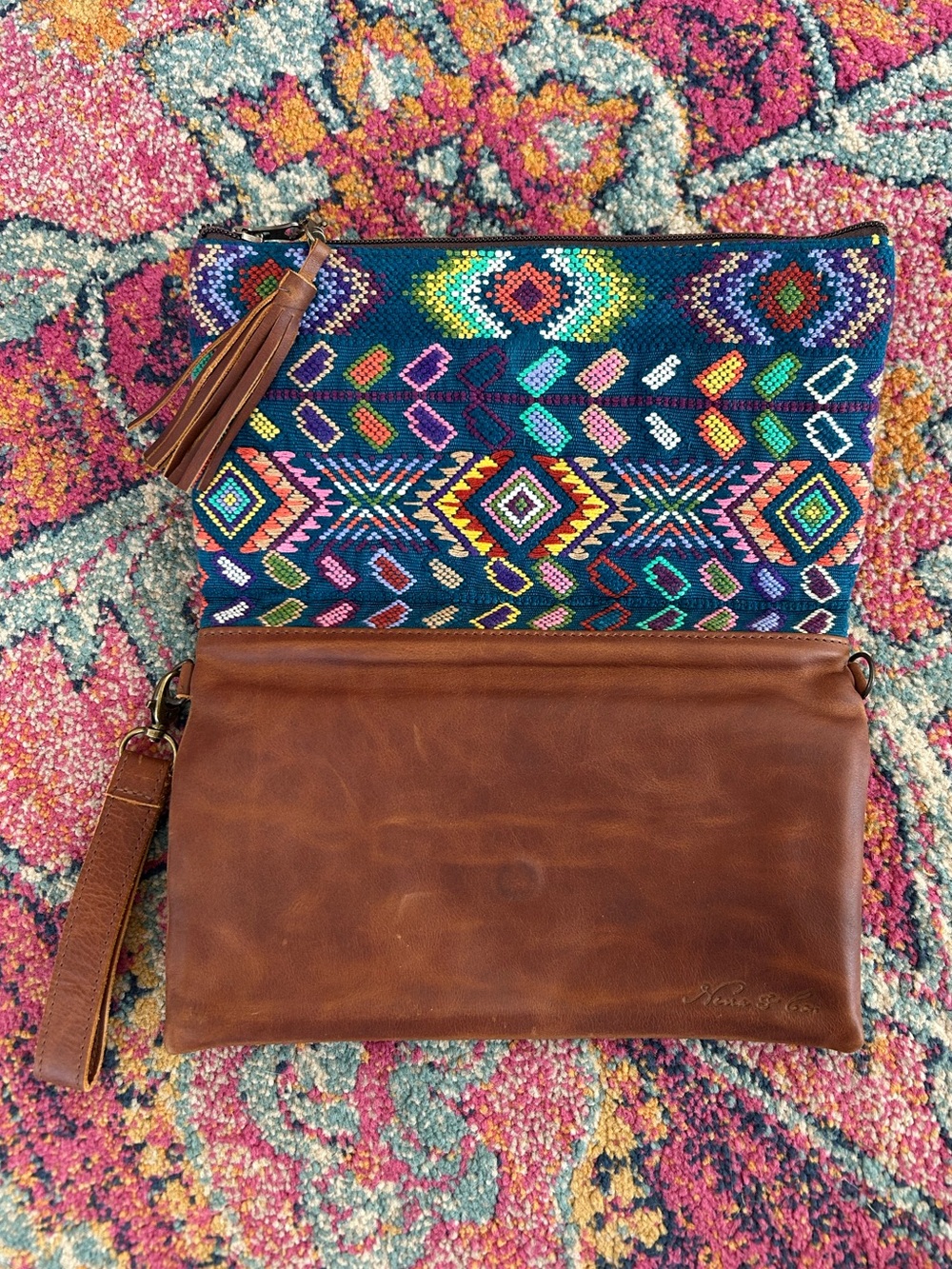 Guatemalan Artisan | Women’s Multicolor Canvas/Leather Boho Embroidered Clutch - Picture 7 of 14